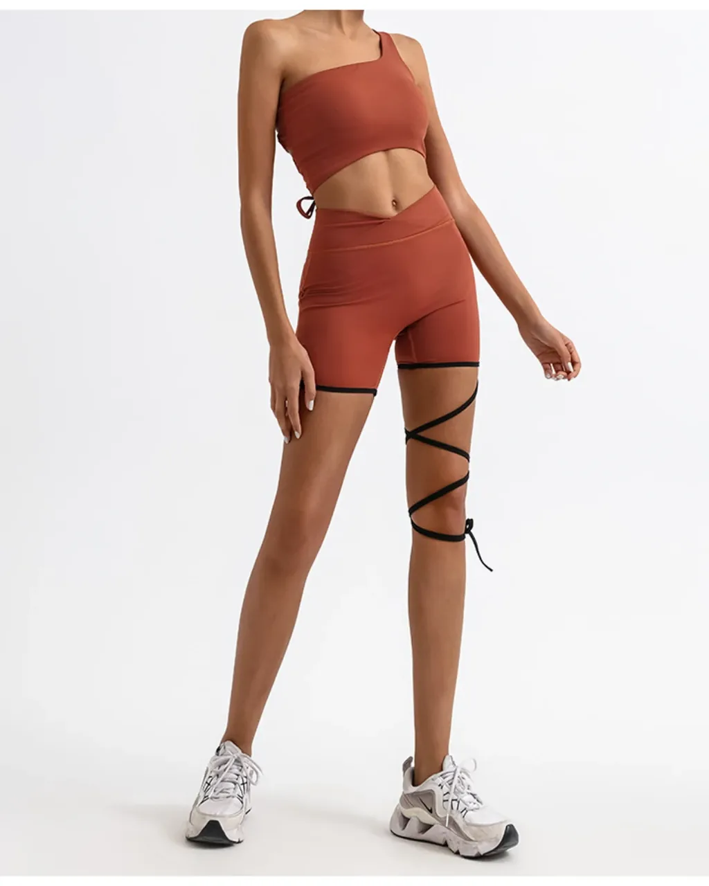 Top Yoga Elegante De Un Solo Hombro Con Pantalón Corto De Cintura Alta Y Secado Rápido - Vintage Brick rojo