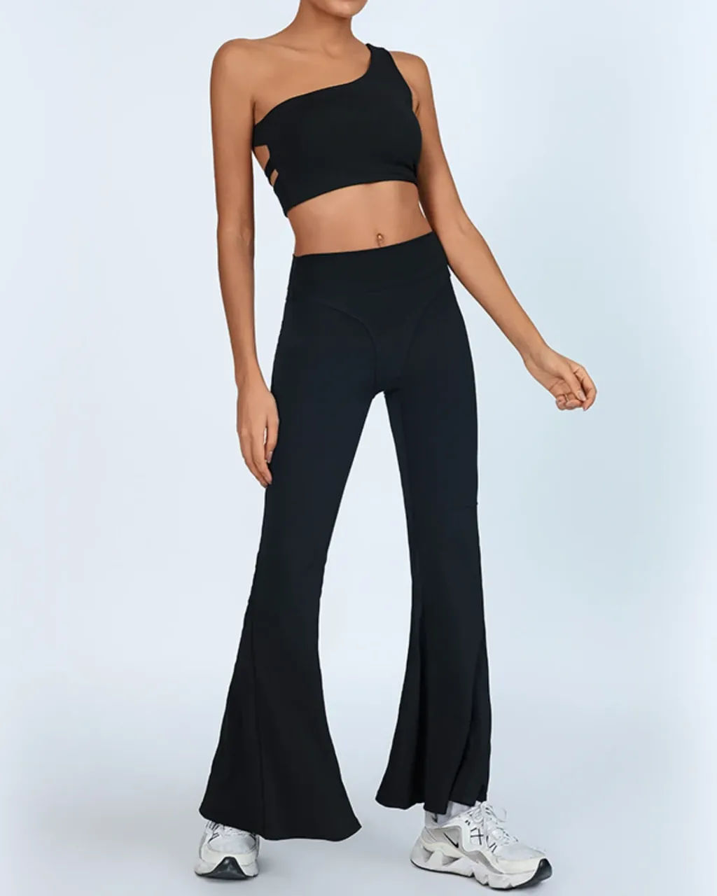 Conjunto Yoga Elevador De Cadera Con Top Sin Costuras De Un Hombro Y Leggings De Cintura Alta - Deep Carbon negro