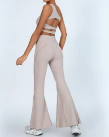 Seamless One-Shoulder Padded Tank High Waist Hip Lift Nude Feel Yoga Flare Set - Dusty Taupe Gray