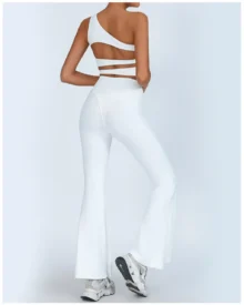 Seamless One-Shoulder Padded Tank High Waist Hip Lift Nude Feel Yoga Flare Set - White