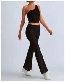 Seamless One-Shoulder Asymmetric Top Hip Lift Flare Yoga Pants Set - Black