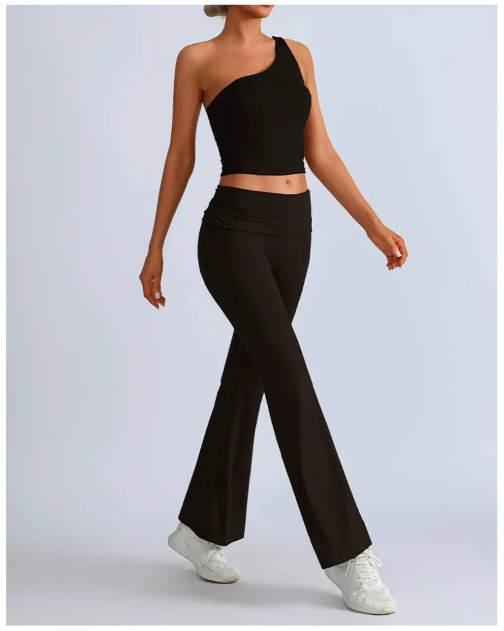 Set Yoga Elegante: Top Asimétrico De Un Solo Hombro Y Leggings Con Elevación De Cadera - negro