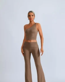 Seamless One-Shoulder Asymmetric Top Hip Lift Flare Yoga Pants Set - Brown