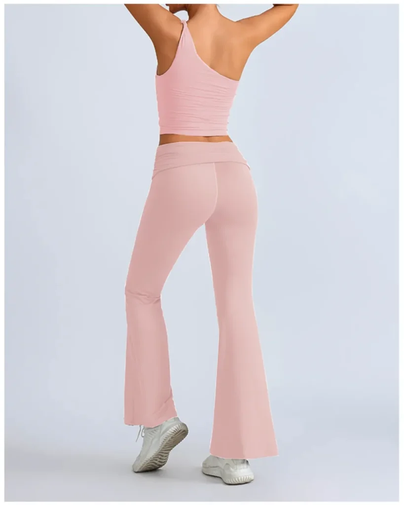 Seamless One-Shoulder Asymmetric Top Hip Lift Flare Yoga Pants Set - Pink
