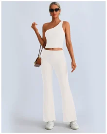 Seamless One-Shoulder Asymmetric Top Hip Lift Flare Yoga Pants Set - White