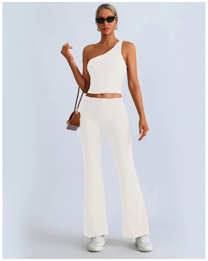 Seamless One-Shoulder Asymmetric Top Hip Lift Flare Yoga Pants Set - White
