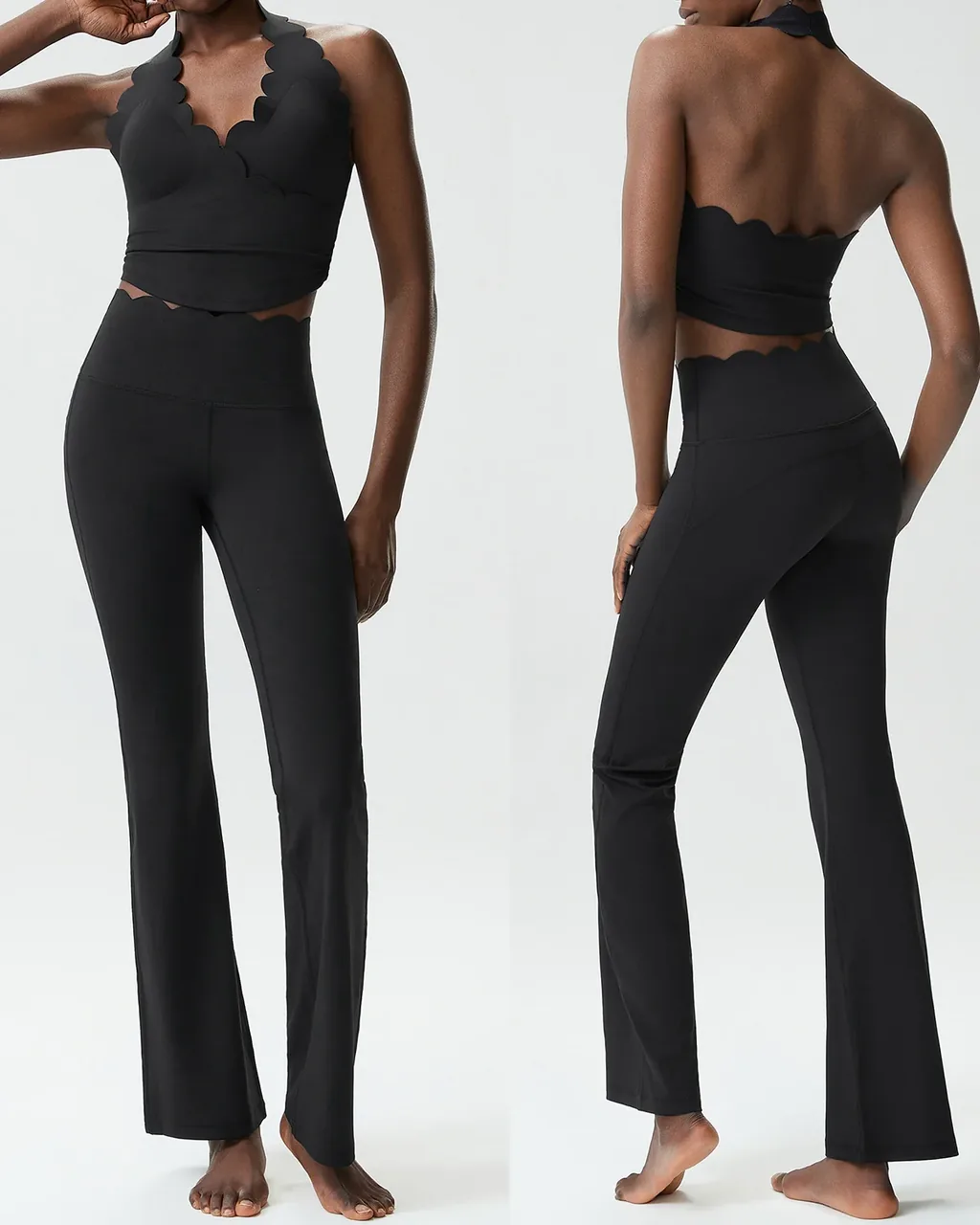 Seamless Wave Halter Plus Size Nude Feel Yoga Fitness Set - #1f1f21 Ink Black Gray
