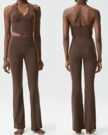 Seamless Wave Halter Plus Size Nude Feel Yoga Fitness Set - Brown
