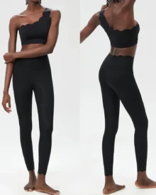 Seamless Wave One-Shoulder Lycra Plus Size Yoga Fitness Set - Black