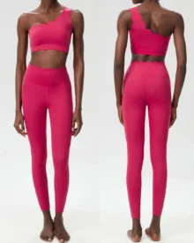 Seamless Wave One-Shoulder Lycra Plus Size Yoga Fitness Set - Red