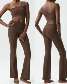 Seamless One-Shoulder Wave Liquid Gel Plus Size Yoga Fitness Set - Brown