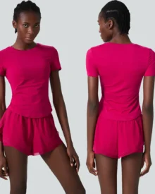 Seamless Ice Silk Quick Dry Summer Plus Size Yoga Fitness 2-Piece Set - Red
