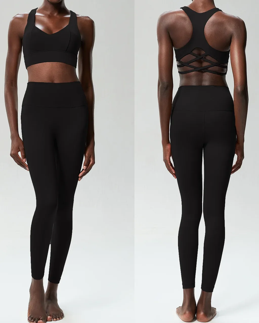 Seamless Lycra Nude Feel Quick Dry Plus Size Tight Yoga Fitness 2-Piece Set - Black
