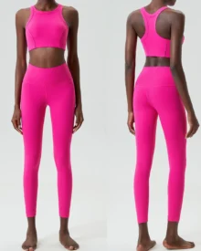 Seamless High Support Willow Strip Plus Size Stretch Tight Yoga Fitness 2-Piece Set - Hot Pink
