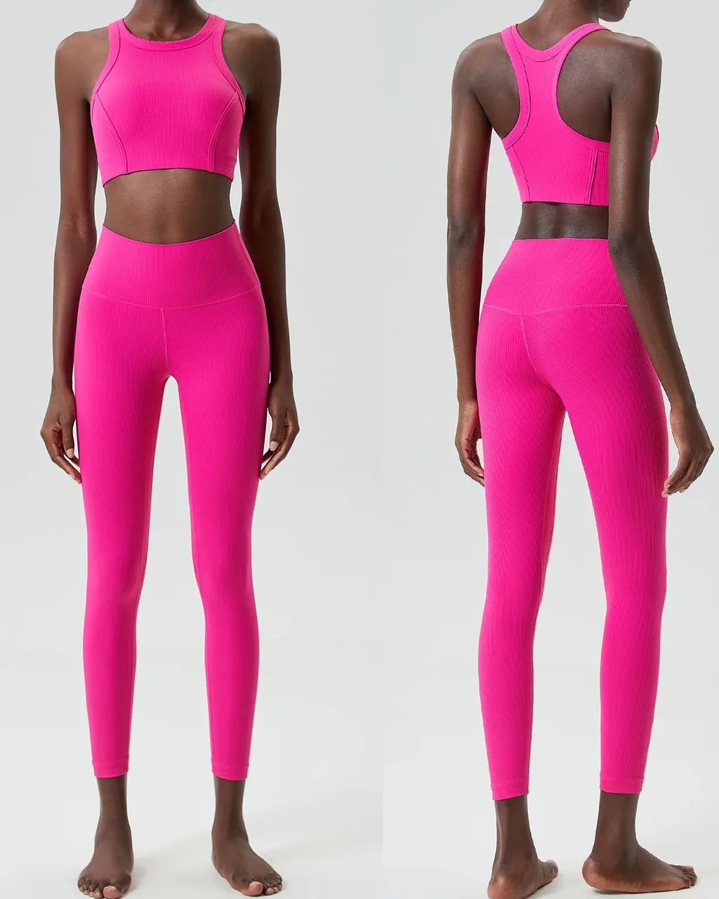 Conjunto Yoga Sin Costuras De Alta Sujeción Con Tiras De Sauce - rosa intenso