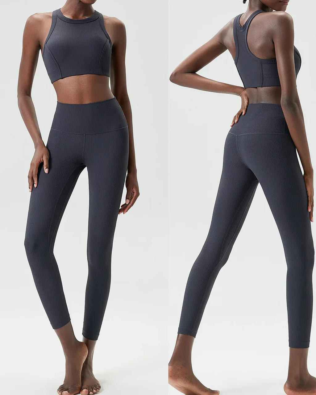 Conjunto Yoga Sin Costuras De Alta Sujeción Con Tiras De Sauce - azul medianoche Obsidian gris