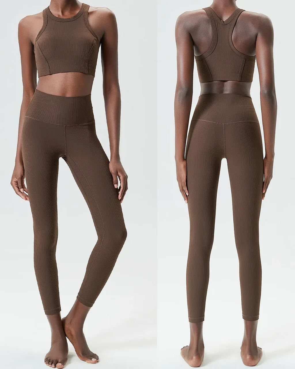 Seamless High Support Willow Strip Plus Size Stretch Tight Yoga Fitness 2-Piece Set - Vintage Chestnut Brown