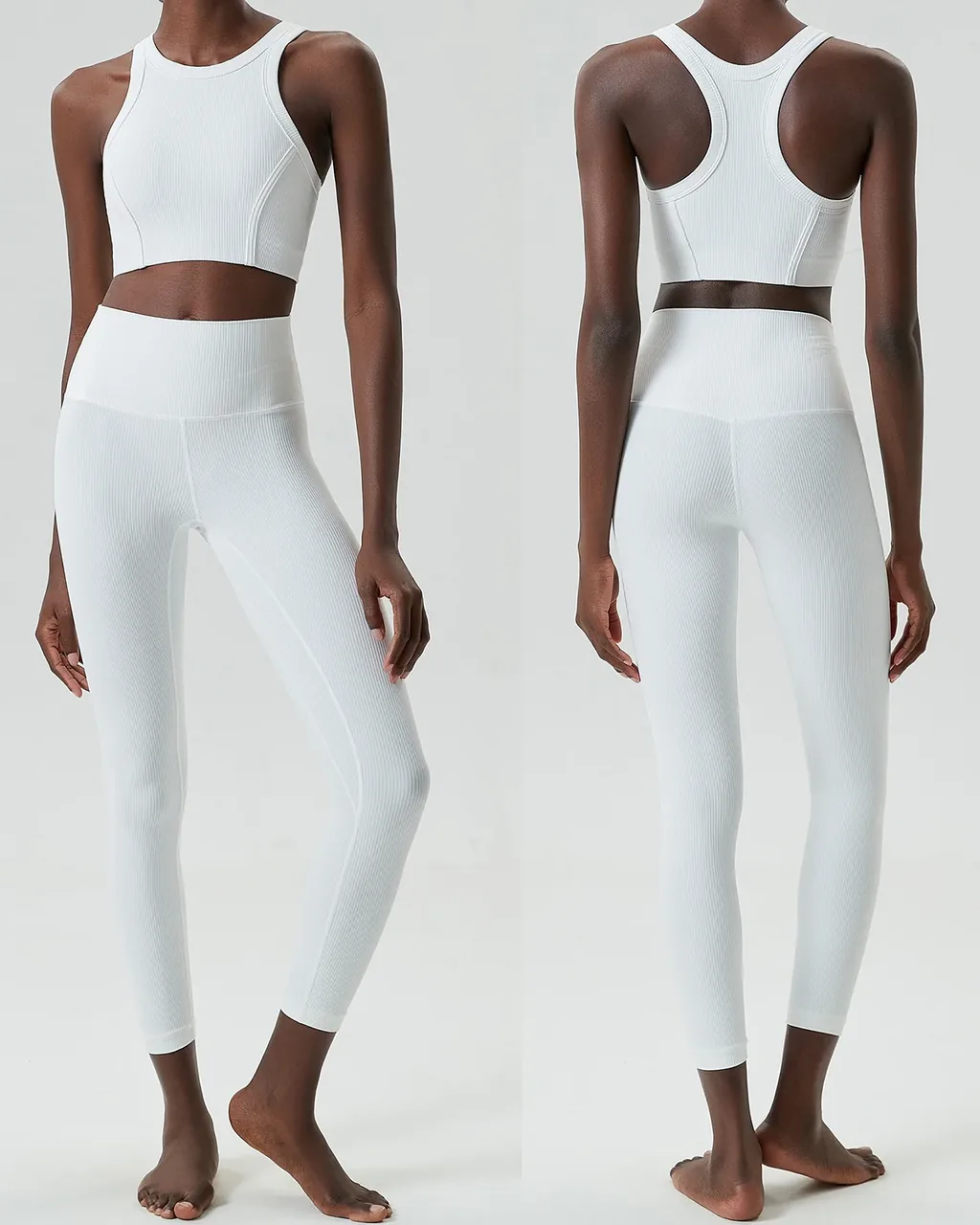 Conjunto Yoga Sin Costuras De Alta Sujeción Con Tiras De Sauce - blanco