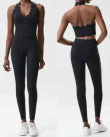 Seamless Wave Halter Nude Feel Plus Size Yoga Fitness Set - Black
