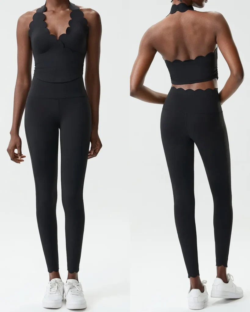 Seamless Wave Halter Nude Feel Plus Size Yoga Fitness Set - Black