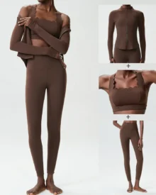 Seamless Plus Size Stretch Quick Dry Tight Yoga Fitness 3-Piece Set - Vintage Cocoa Walnut