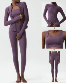 Seamless Plus Size Stretch Quick Dry Tight Yoga Fitness 3-Piece Set - Vintage Mauve Plum
