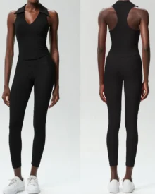 Seamless V-Neck Stretch Plus Size Yoga Fitness Tennis Set - Black