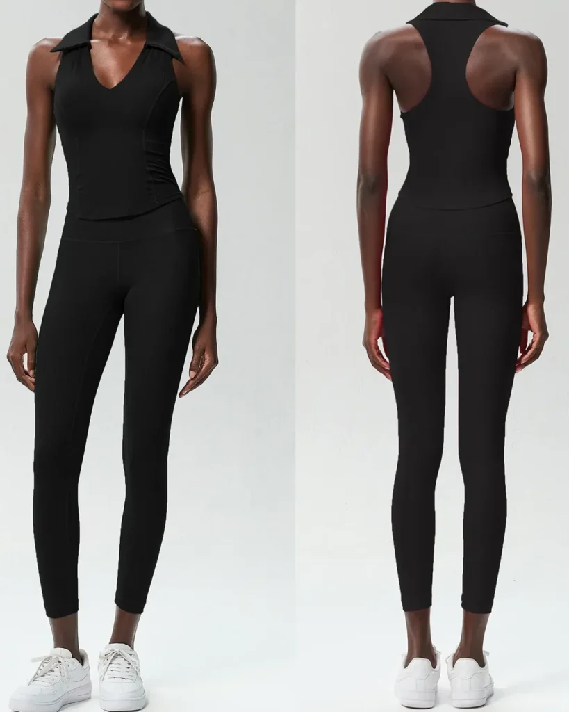 Seamless V-Neck Stretch Plus Size Yoga Fitness Tennis Set - Black