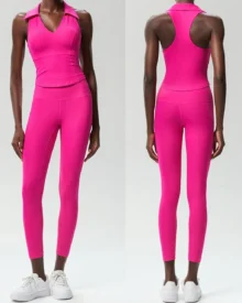 Seamless V-Neck Stretch Plus Size Yoga Fitness Tennis Set - Hot Pink