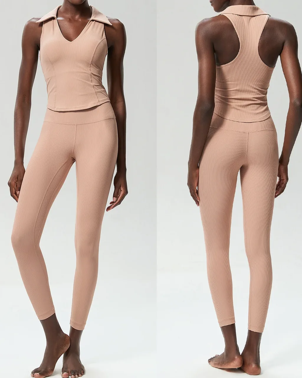 Conjunto Deportivo Elástico Sin Costuras Con Escote En V Para Tallas Grandes - Vintage Caramel beige