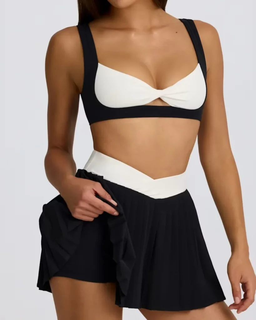 Color Block Sleeveless Pleated Skirt Golf Tennis Set - Black