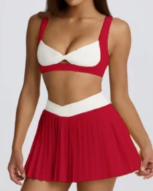 Color Block Sleeveless Pleated Skirt Golf Tennis Set - Red