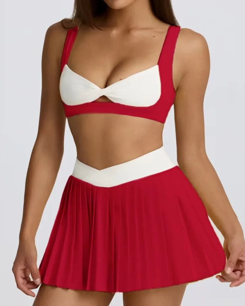 Color Block Sleeveless Pleated Skirt Golf Tennis Set - Red