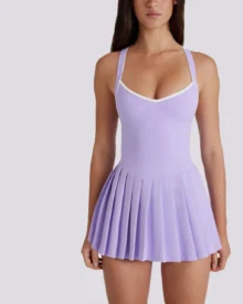 Padded High Stretch Pleated Skirted Yoga Tennis Dress - LavenderLight Gray Purple