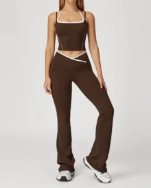 2-In-1 Halter Backless Fold Over High Waist Yoga Set - Brown