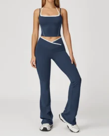 2-In-1 Halter Backless Fold Over High Waist Yoga Set - Navy