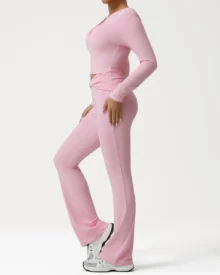 Asymmetrical Shoulder Long Sleeve Cross Waist Pleated Flare Yoga Set - Pink