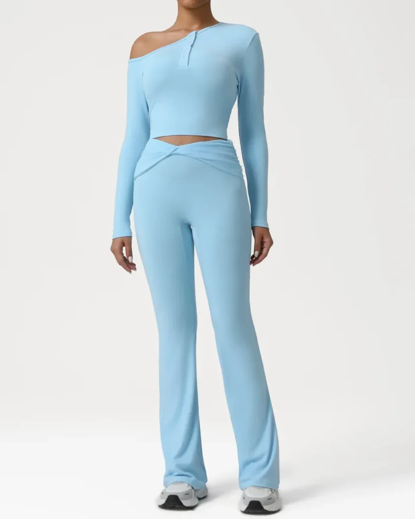 Asymmetrical Shoulder Long Sleeve Cross Waist Pleated Flare Yoga Set - Sky Blue