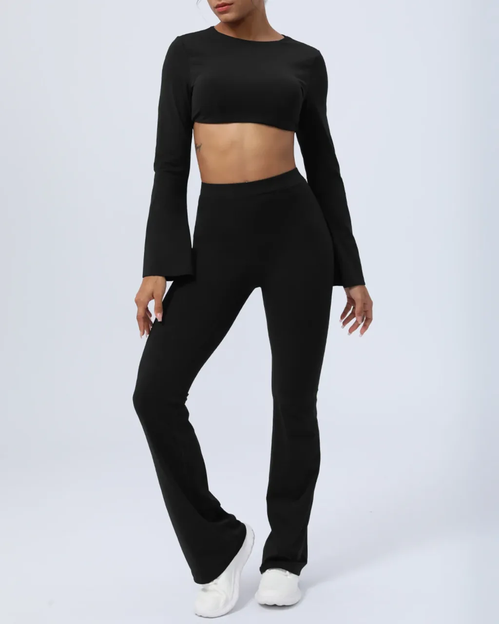 Conjunto Yoga Sin Espalda Y Acampanado, Tono Nude Secado Rápido - negro