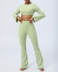 Backless Flared Yoga Set, Nude Quick Dry 2 Piece Workout Outfits - Mint Green