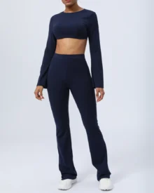 Backless Flared Yoga Set, Nude Quick Dry 2 Piece Workout Outfits - Navy