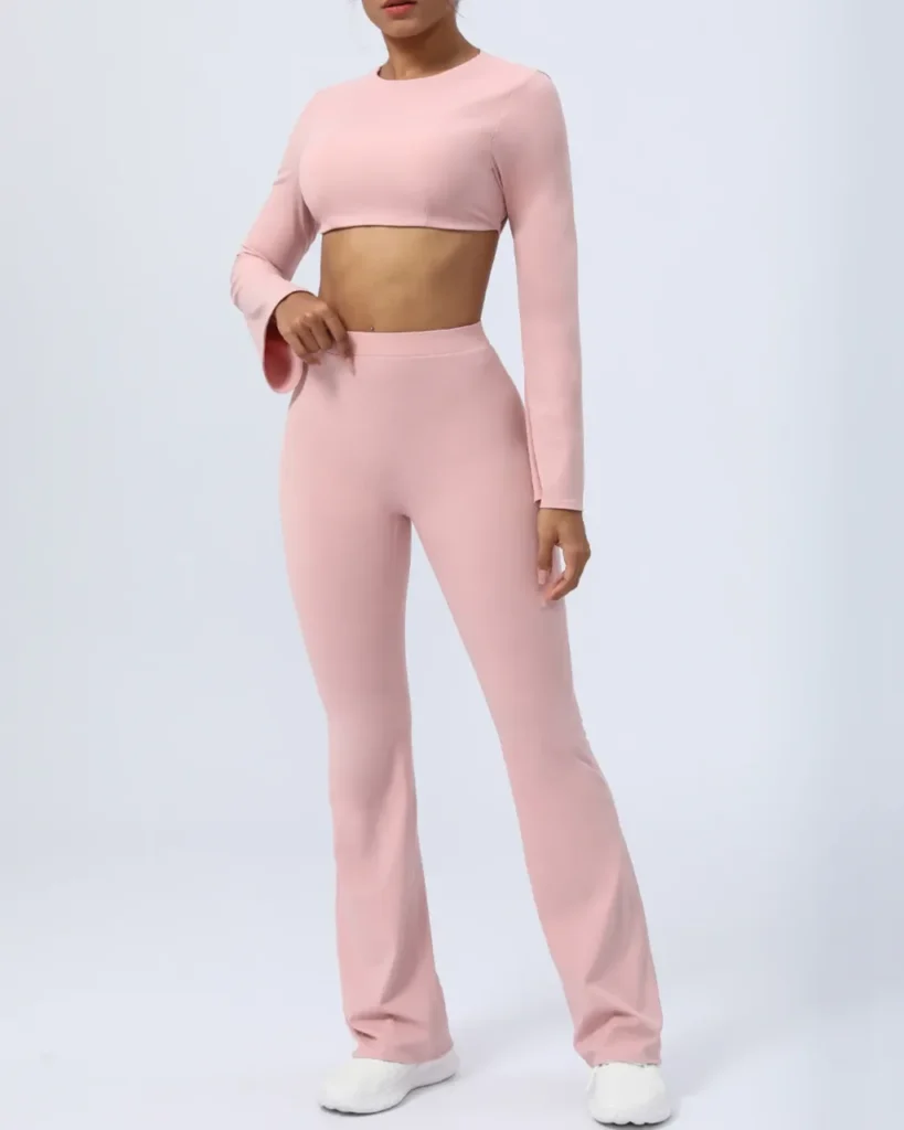 Backless Flared Yoga Set, Nude Quick Dry 2 Piece Workout Outfits - Pink