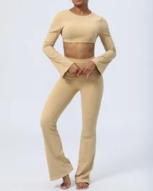 Backless Flared Yoga Set, Nude Quick Dry 2 Piece Workout Outfits - Sand Taupe