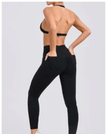 Halter Back Pocket Yoga 2-Piece Set - Black