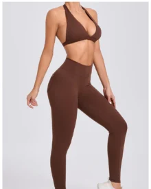 Halter Back Pocket Yoga 2-Piece Set - Brown