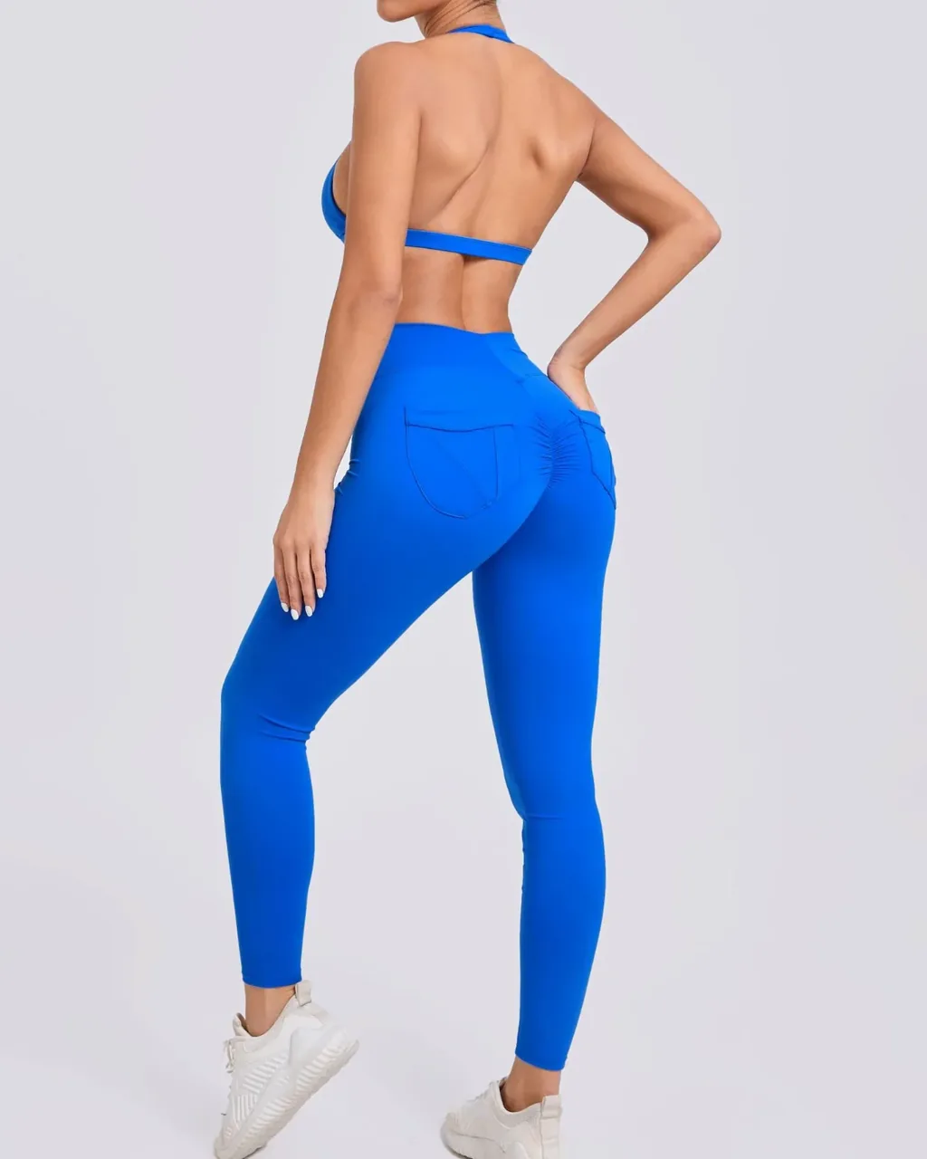 Halter Back Pocket Yoga 2-Piece Set - Royal Blue