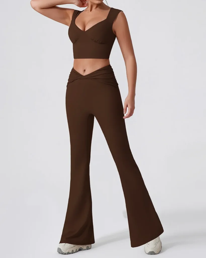 Twist High Waist Flare Fitness Set - Brown
