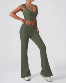 Twist High Waist Flare Fitness Set - Olive Green