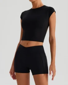 Halter Short Sleeve Yoga Set With Pockets - Black