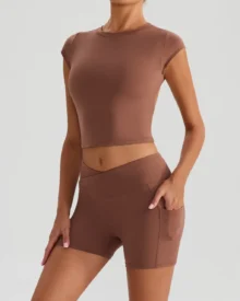 Halter Short Sleeve Yoga Set With Pockets - Brown